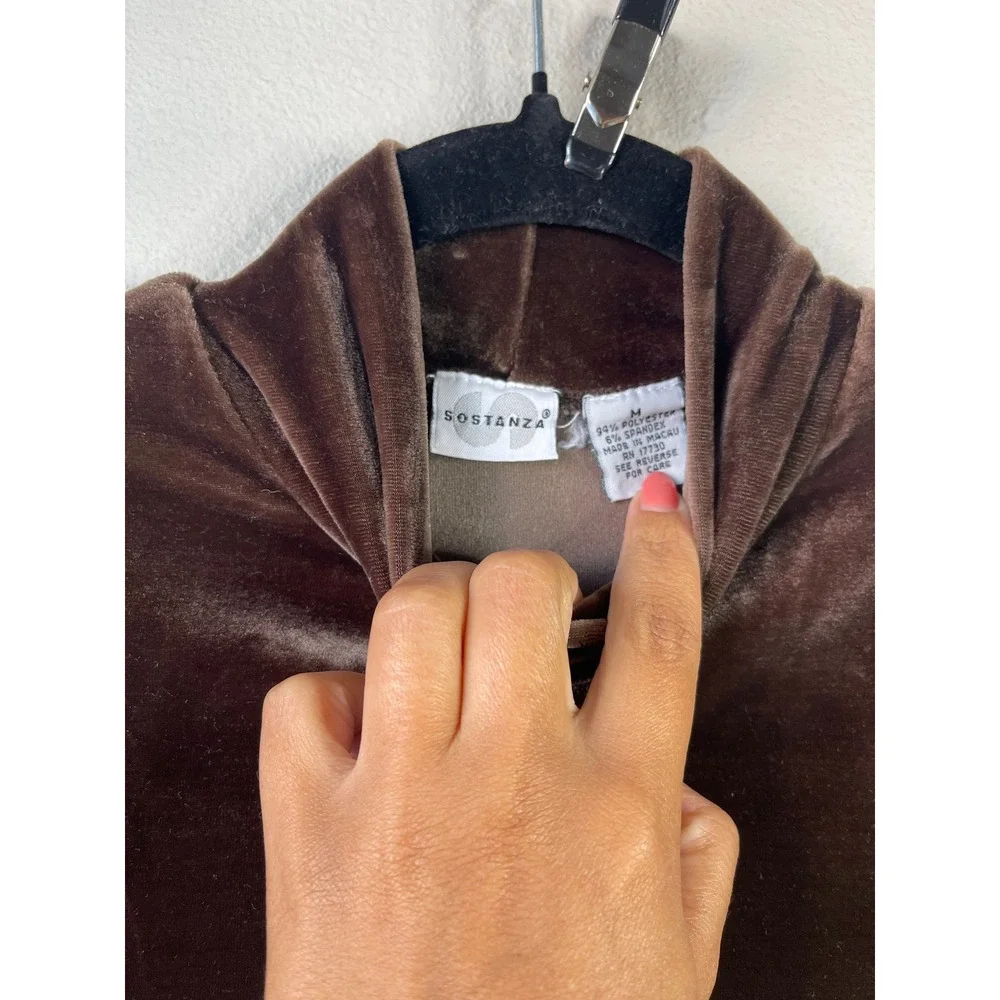 Sostanza Top Brown Velvet Mock Neck Short Sleeve Vintage 90s Stretch Medium
